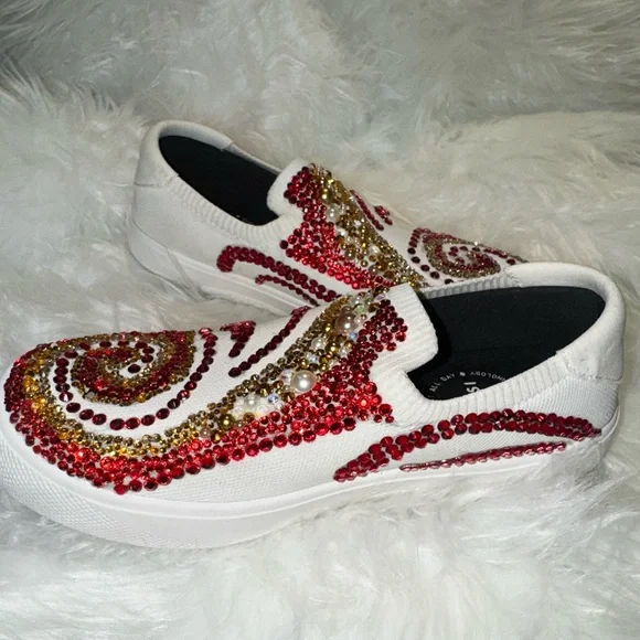 Hand-Embellished Ruby & Gold Rhinestone Sneakers Custom Wearable Art Statement - Picture 6 of 9